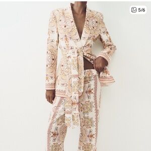 ZARA Printed Linen-Blend High-Waist Trousers in Cream and Tan Paisley